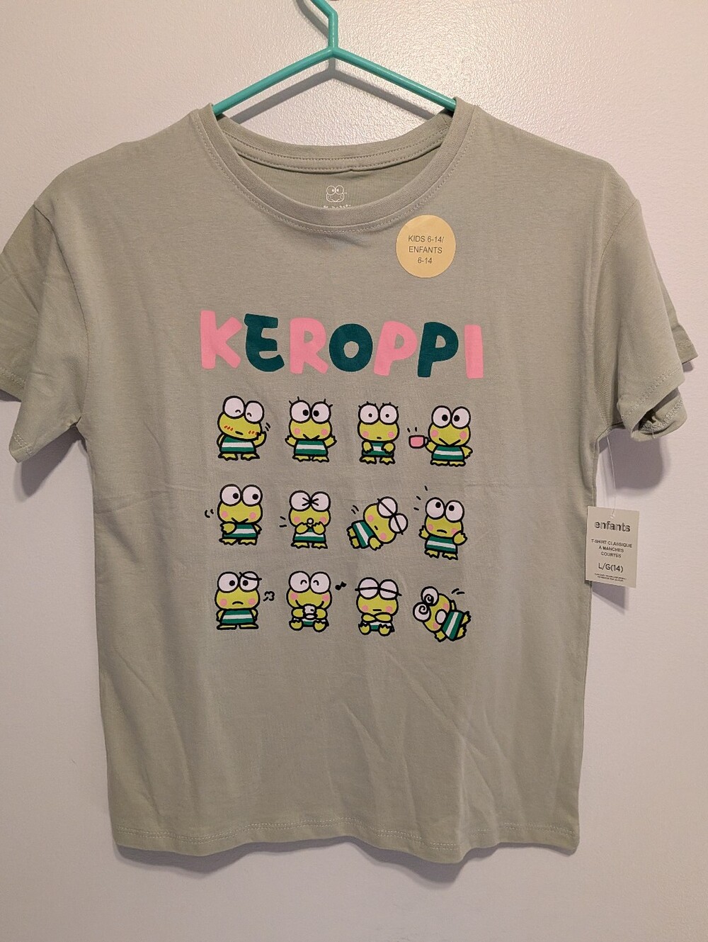 Sanrio Keroppi Short Sleeve Tee - Sage Green with Pink Accents